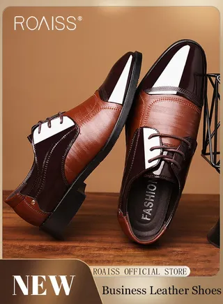 Business Formal Leather Shoes for Men Lightweight and Non Slip Pointed Patent Leather Shoes for Office Wedding Business Trip Casual Soft and Breathable Men's Lace up Leather Shoes for Bridegroom 