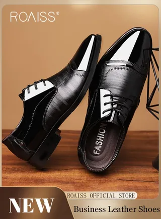 Business Formal Leather Shoes for Men Lightweight and Non Slip Pointed Patent Leather Shoes for Office Wedding Business Trip Casual Soft and Breathable Men's Lace up Leather Shoes for Bridegroom 