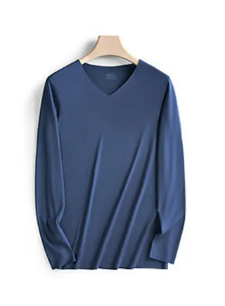 Mens Solid Color Soft Seamless V-Neck Thermal Underwear Shirt Cold Weather Base Layer,Long Sleeve T-Shirt Navy Blue 