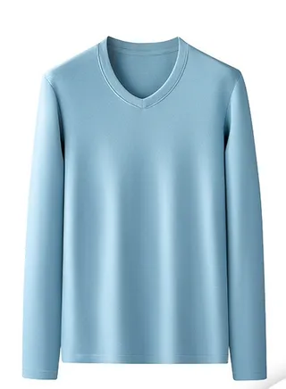 Mens Solid Color V-Neck Thermal Underwear Shirt Cold Weather Thick Base Layer,Long Sleeve T-Shirt Loungewear Blue 