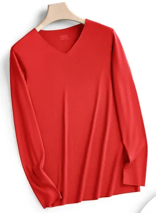 Mens Solid Color Soft Seamless V-Neck Thermal Underwear Shirt Cold Weather Base Layer,Long Sleeve T-Shirt Red 