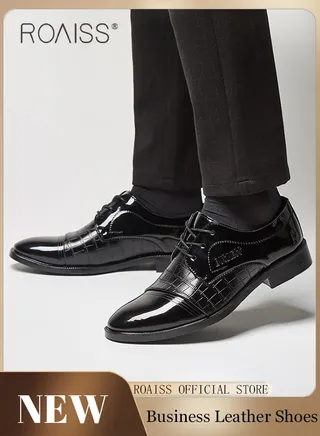 Business Formal Leather Shoes for Men Lightweight and Non Slip Pointed Patent Leather Shoes for Office Wedding Business Trip Casual Soft and Breathable Men's Lace up Leather Shoes for Bridegroom 