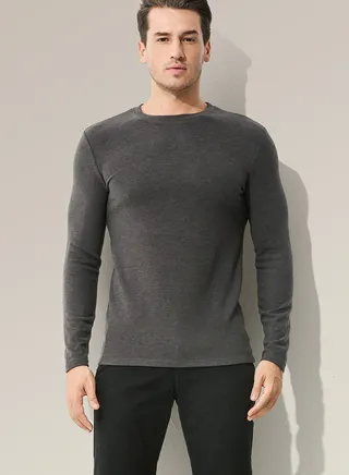 Mens Solid Color Crew-Neck Thermal Underwear Shirt Cold Weather Thick Base Layer,Long Sleeve T-Shirt Loungewear Deep Grey 