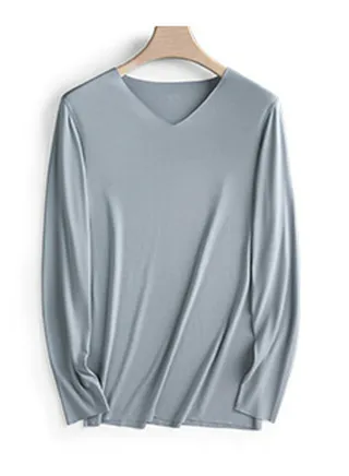 Mens Solid Color Soft Seamless V-Neck Thermal Underwear Shirt Cold Weather Base Layer,Long Sleeve T-Shirt Bluish Grey 