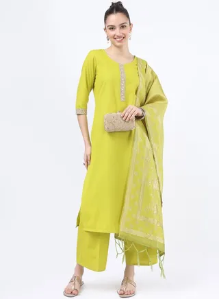 Embroidered Lace Detail Kurta and Palazzo with Texture Tassel Trim Dupatta Set 
