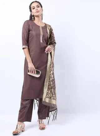 Embroidered Lace Detail Kurta and Palazzo with Floral Texture Dupatta Set 