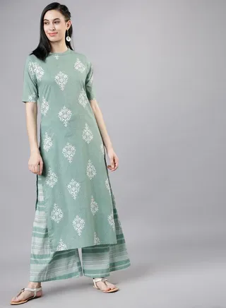 Damask Print Straight Kurta and Striped Wide Leg Pant Set