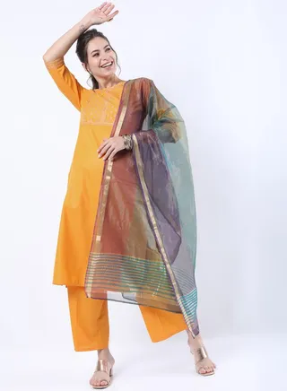 Embroidered Straight Kurta and Palazzo with Dupatta Set 