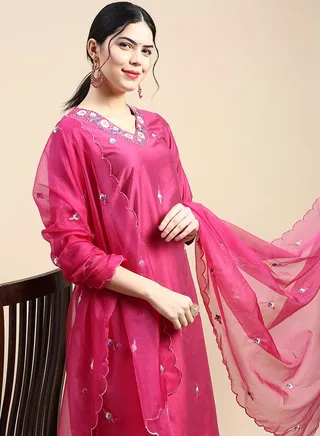 All Over Embroidered Kurta & Pocket Detail Pant with Dupatta Set