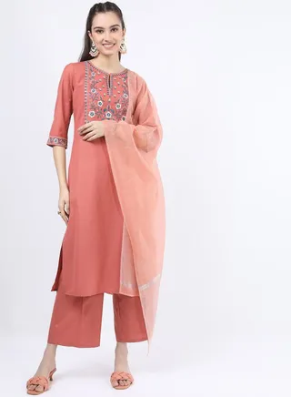 Floral Embroidered Straight Kurta and Palazzo with Dupatta Set 