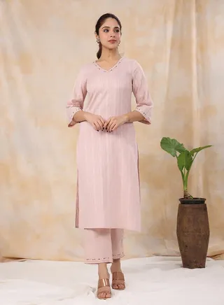 Embroidered Detail V Neck Kurta & Pants Set