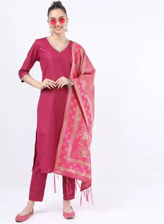 Embroidered V Neck Kurta and Straight Leg Pant with Printed Dupatta Set 
