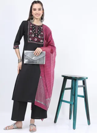 Floral Embroidered Kurta and Wide Leg Pant with Dupatta Set 