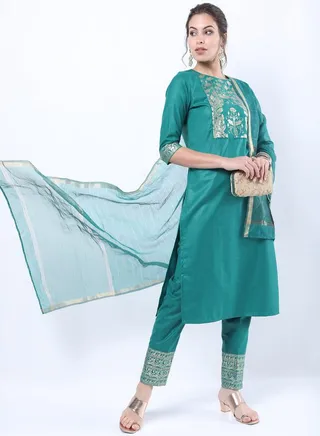 Foil Print Straight Kurta and Straight Leg Pant with Dupatta Set 