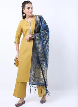 Sequin Embroidered Kurta and Palazzo with Floral Texture Dupatta Set 