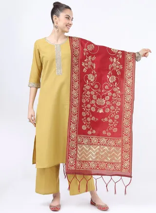 Embroidered Lace Detail Kurta and Palazzo with Floral Texture Dupatta Set 