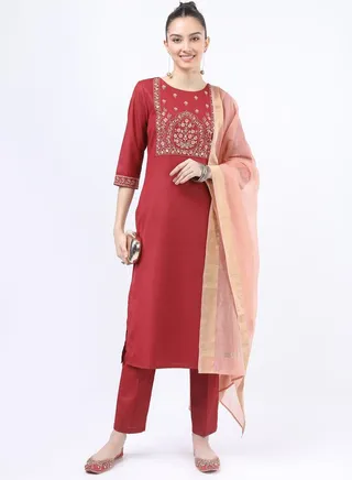 Floral Embroidered Kurta and Straight Leg Pant with Dupatta Set 