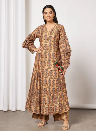 Printed Angrakha Kurta and Palazzo Set Beige 