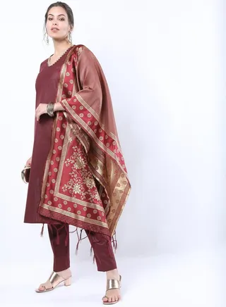 Embroidered Lace Trim Kurta and Straight Leg Pant with Textured Dupatta Set 
