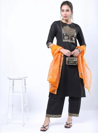 Foil Print Straight Kurta and Palazzo with Dupatta Set 