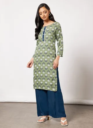 Printed Kurta And Pants With Facemask 