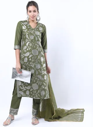 Floral Foil Print Straight Kurta and Straight Leg Pant with Dupatta Set 