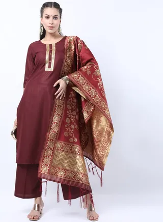 Sequin Embroidered Kurta and Palazzo with Floral Texture Dupatta Set