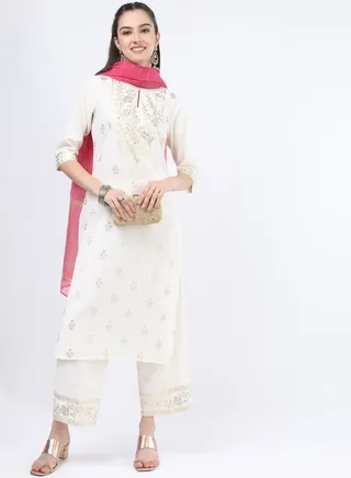 Foil Print Straight Kurta and Palazzo Pant with Dupatta Set 