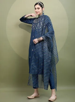 Velvet Embroidered High Neck Straight Kurta with Dupatta Set 