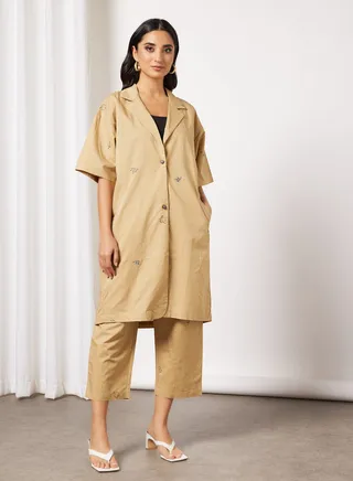 Embroidered Top and Pants Set Beige 