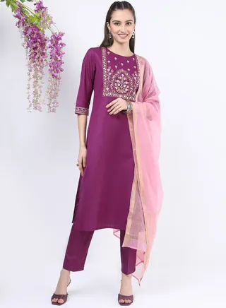 Embroidered Straight Fit Kurta and Straight Leg Pant with Dupatta Set 