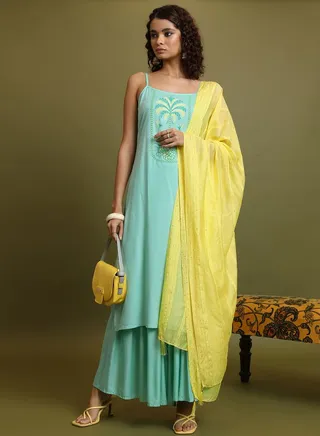 Printed Strappy A-Line Kurta and Pleated Flared Pant with Sequin Detail Dupatta Set 