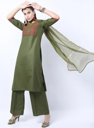 Embroidered Straight Kurta and Palazzo with Dupatta Set 