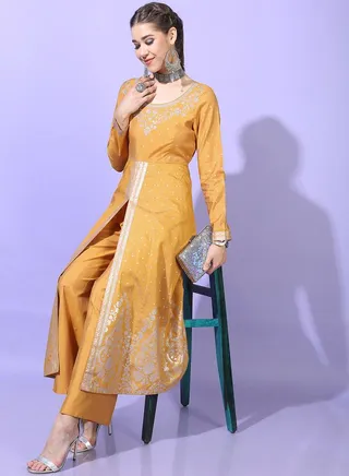Floral Embroidered Printed Front Slit Kurta and Palazzo Set 