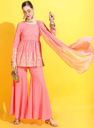 Foil Print Peplum Kurti and Flared Pant with Dupatta Set 