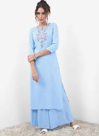 Embroidered Straight Kurta & Palazzo Co-Ords 
