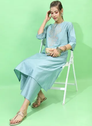 Embroidered Straight Kurta and Palazzo Set 