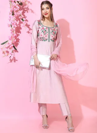 Floral Embroidered Kurta and Straight Leg Pant with Dupatta Set 