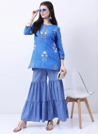 Embroidered Floral Print Kurti and Flared Tiered Pant Set 