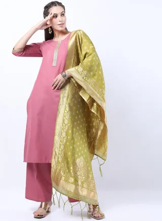 Sequin Detail Embroidered Kurta and Palazzo with Floral Texture Dupatta 