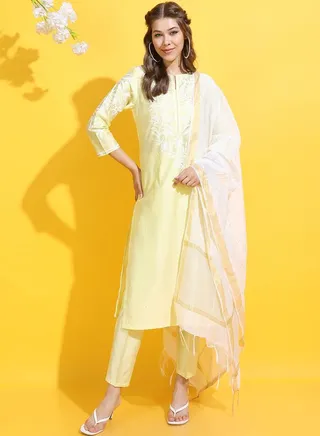 Floral Print Straight Kurta and Straight Leg Pant with Dupatta Set 