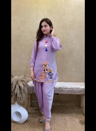 Purple Rayon Camel Embroidered Cord Set 