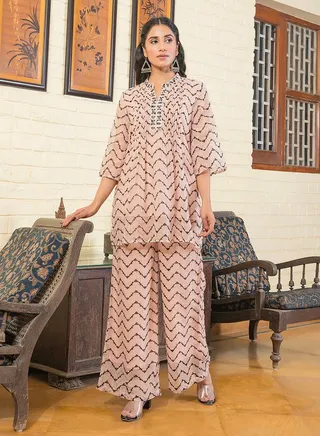 All Over Print Kurta & Wide Leg Pants Set 
