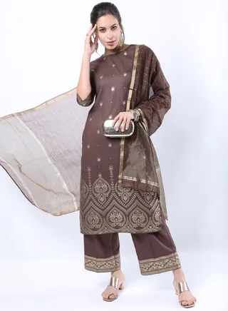 Foil Print Straight Kurta  and Palazzo with Dupatta Set 