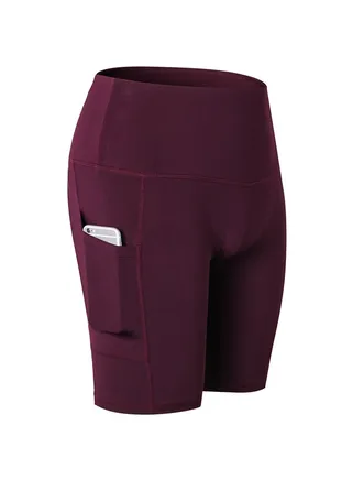 Stretchable High Waist Yoga Short Pants Burgundy 