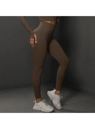 Women's Knitted Seamless Tight Yoga Pants With High Waist Exercise Brown 