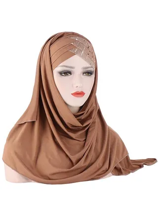 Muslim Hijab Instant Hijab for Women Glitter Sequin Forehead Cross Turban Islamic Head Scarves Shawl Wrap Long Fashion Chiffon Scarf Premium Head Cover for Women and Girls Brown 