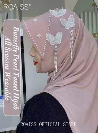 Women's Chiffon Hijab Muslim Casual Scarf Butterfly Tassel Turban for Ladies Beading Decoration Versatile All Seasons Wearable Traditional Wear Hijab Ramadan and Eid al-Adha Gifts 
