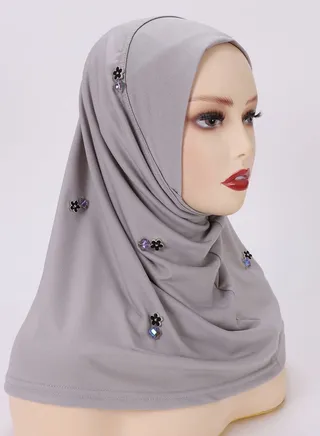 Crystal Diamond  Decoration Satin Women Muslim  Headwear Wearable Traditional Wear Long Fashion Head Scarf for Ladies All Seasons Hijab Grey 