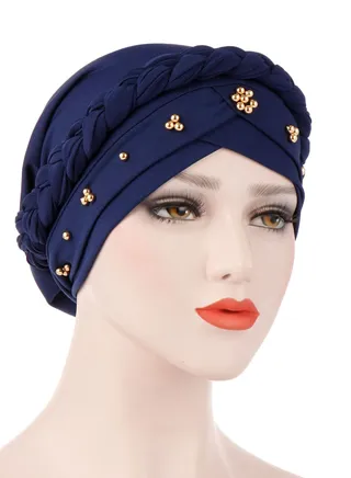 Navy Spring Autumn Turban Cap Women Wrap Beaded Braid Turban Islamic Muslim Fashion Moisture Wicking Hijab for Women Girls 